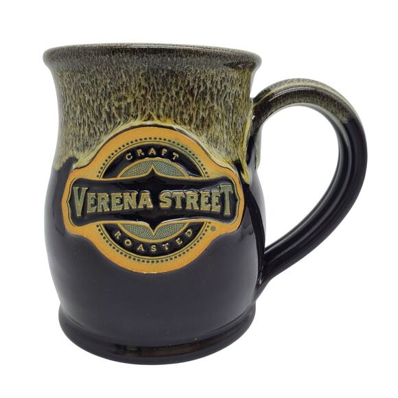 Verena Street Coffee Mug 14oz Deneen Pottery Black Beige Green Drip Glaze Cup - Picture 1 of 10